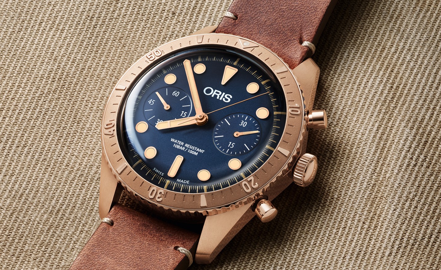 Oris Carl Brashear 771 7744 3185 SET LS Chrono Blue Dial Dark Brown Leather Strap Limited Edition Machtwatch